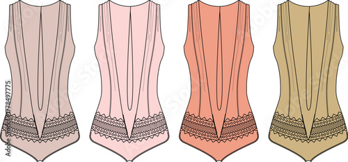 Set of four detailed lingerie or corset-style bodysuits in varying neutral and pastel tones, showcasing delicate lace trim