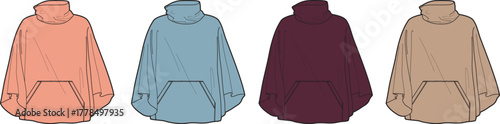 Collection of four comfortable and stylish hooded poncho illustrations in varied earthy and cool tones, showcasing modern oversized apparel designs perfect for fashion projects