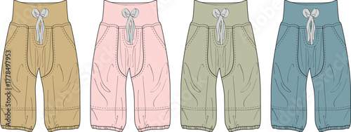 Kids pants fashion flat sketch set. Baby and toddler jogger trousers template in multiple colors for clothing design and manufacturing