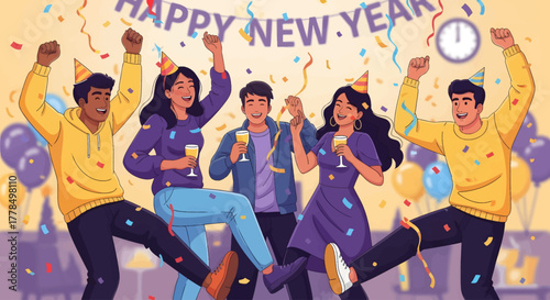 Cartoon Friends Dancing New Year Party
