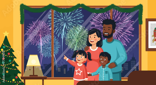 Family Watching New Year Fireworks Cozy Home
