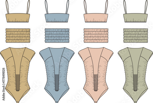 Collection of technical flat sketches illustrating women's swimwear and crop top designs. Featuring various color variations for fashion apparel development and textile printing concepts