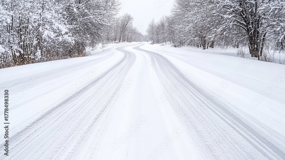 Obraz premium Snowy road winding through winter landscape, surrounded by trees covered snow, evokes