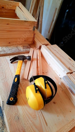 Carpenter Tools with Hammer and Earmuff.