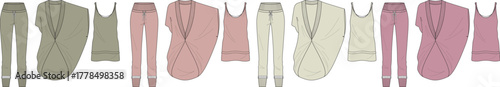 Vector illustrations showcasing comfortable women's loungewear sets with relaxed pants and matching tank tops in soft, muted colors, perfect for home, relaxation, or leisure