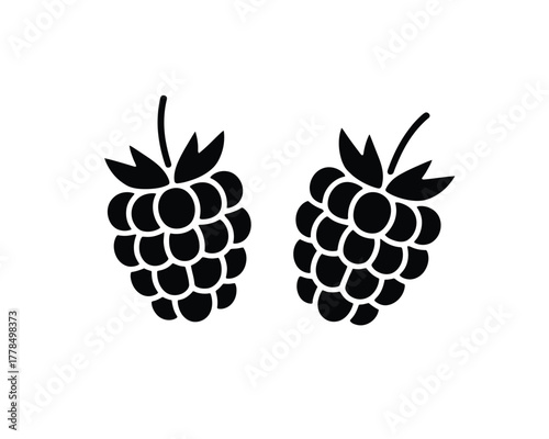 Simple black silhouette of two ripe raspberries on a white background