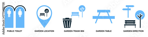 Set park icon vector. Collection representing outdoor recreation, nature, and public leisure areas. Great for urban planning, city maps, or travel application design interfaces.