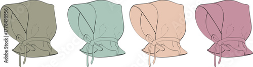 Four colored fashion bonnet illustrations Classic headwear design for historical or vintage projects