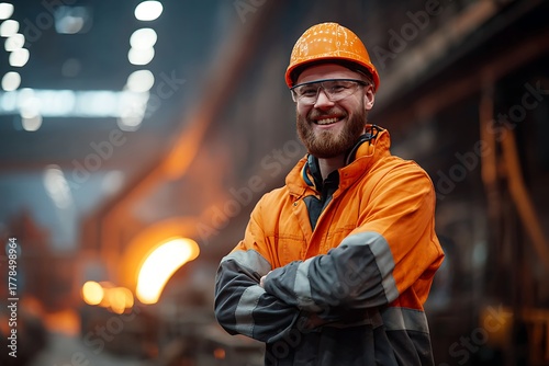 Smiling factory worker in safety gear looking at camera