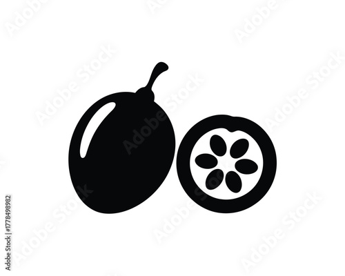 Black and white silhouette icon of a whole feijoa fruit and a sliced feijoa