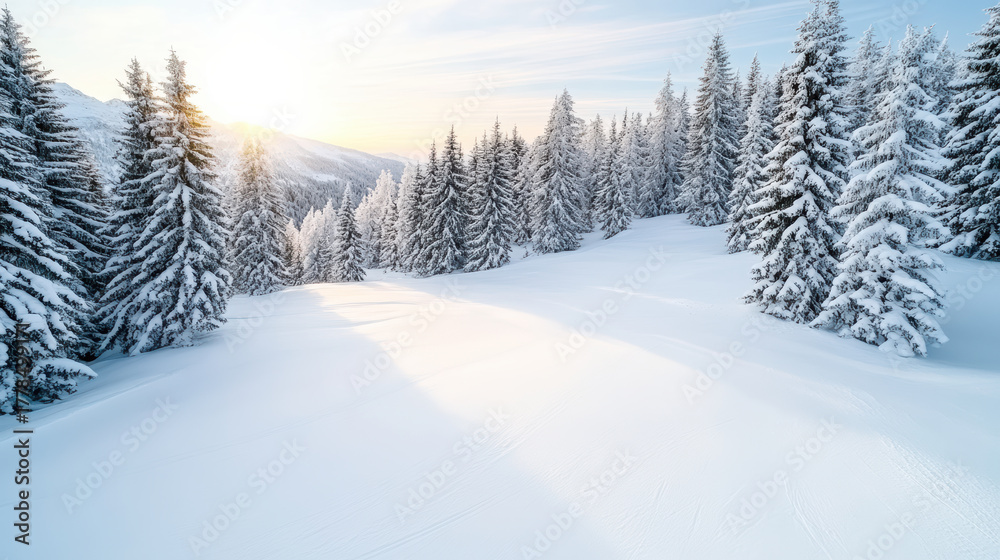 Fototapeta premium Snow covered trees, winter landscape, serene atmosphere, sunlight shining