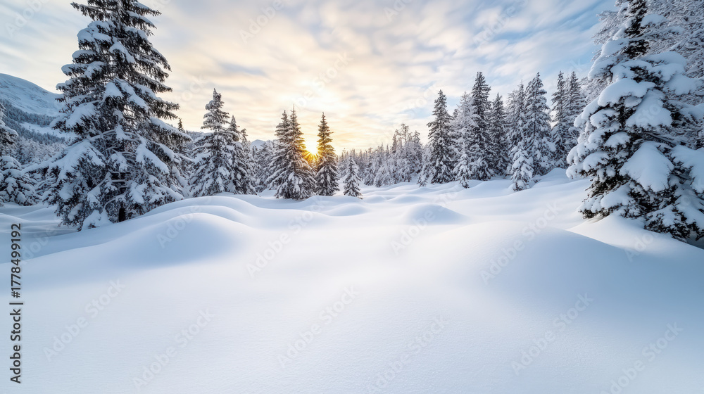 Naklejka premium Snowy landscape with evergreen trees and sunrise in background creates serene atmosphere