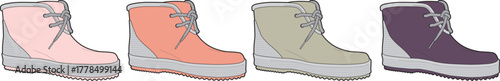 A vibrant collection of four stylish illustrated winter boots in soft pastel shades, offering comfort and warmth for cold weather adventures and casual wear