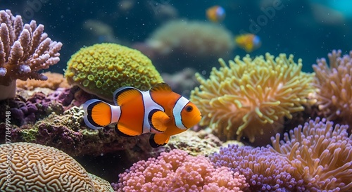 Orange Clownfish Swims Among Colorful Coral Reefs Underwater Marine Life