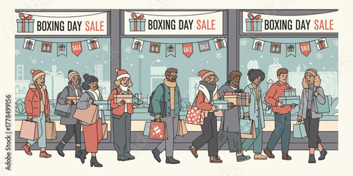 Crowd of Shoppers on Boxing Day A Winter Shopping Spree Amidst Festive Decorations