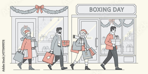 Boxing Day Shoppers People Carrying Gifts and Shopping Bags After Christmas Sales