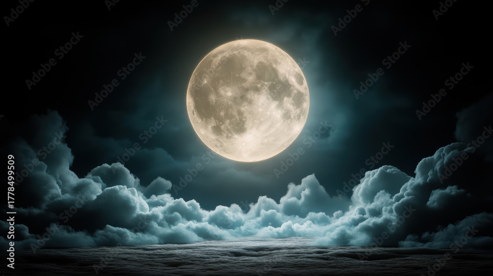 Fototapeta premium Bright moonlight illuminates soft clouds in serene night sky, creating tranquil atmosphere