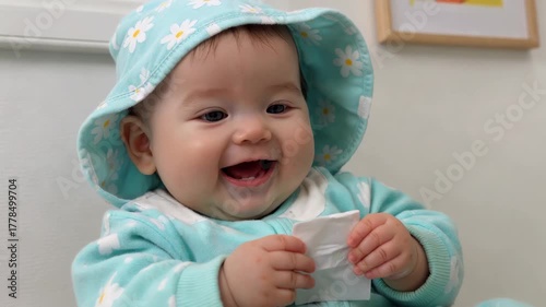 Picture of baby holding tissue in flower hat