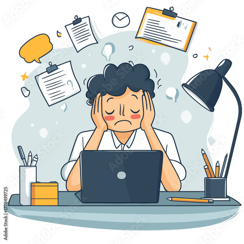 Overwhelmed businessman staring blankly at laptop screen experiencing workload stress and deadline pressure   , vector style simple color