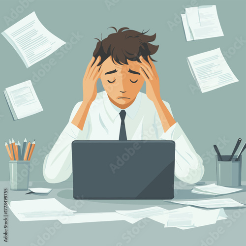 Overwhelmed businessman staring blankly at laptop screen experiencing workload stress and deadline pressure   , vector style simple color