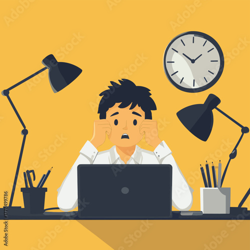 Overwhelmed businessman staring blankly at laptop screen experiencing workload stress and deadline pressure   , vector style simple color