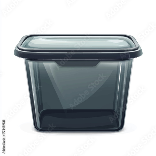Empty transparent plastic food container with a dark lid isolated on a white background.
