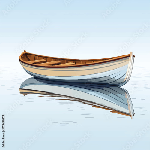 Empty wooden rowboat floating peacefully on calm water surface