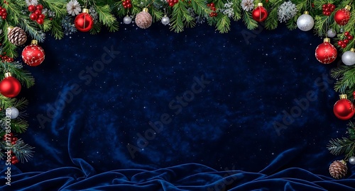 Christmas ornaments and pine branches frame a dark blue velvet cloth background with stars