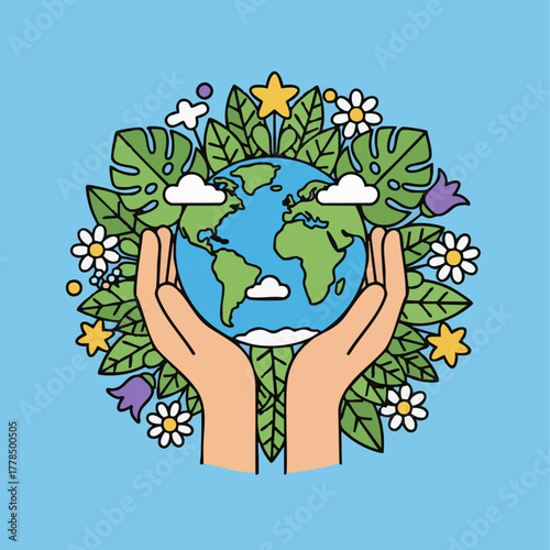 Earth held gently in human hands surrounded by leaves, flowers, and clouds 