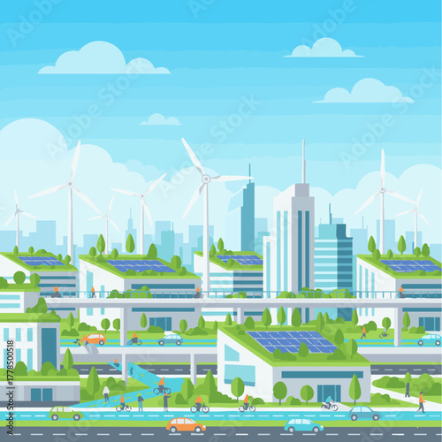 eco-cityColorful flat vector illustration of a sustainable city with green rooftops, solar panels, electric vehicles, bike lanes, and wind turbines under a bright blue sky 
