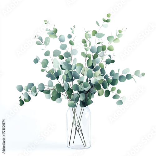 Eucalyptus Branches in Glass Vase Fresh Greenery Arrangement.