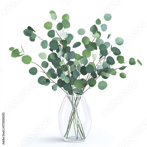 Eucalyptus branches in a clear glass vase.