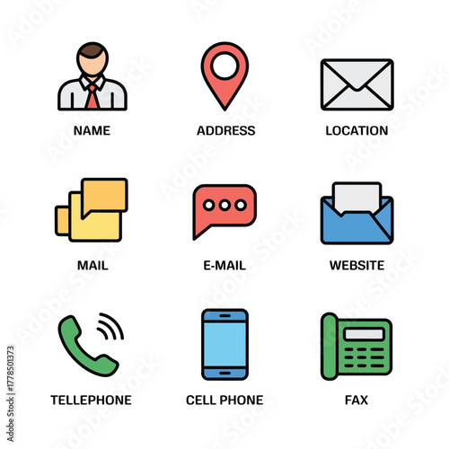 Collection of nine flat design icons representing contact information and communication methods