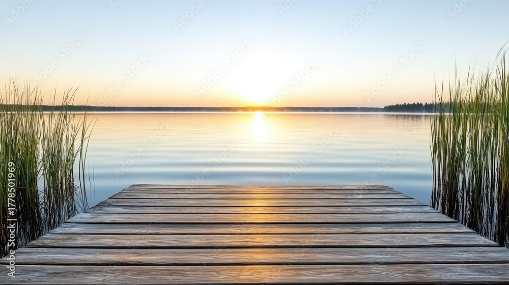 Fototapeta premium Serene lake view at sunrise with wooden dock and tall grass reflecting soft morning light