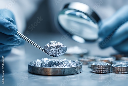 Scientist analyzing valuable metal ore with tweezers