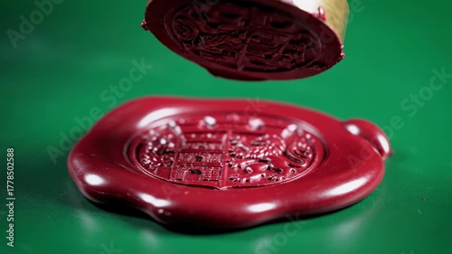 A close-up of a seal being pressed into wax on a green surface