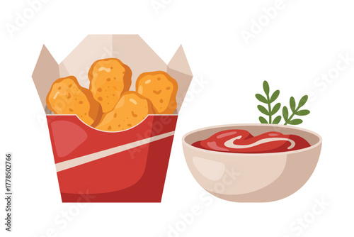 Crispy chicken nuggets in red box with ketchup dip