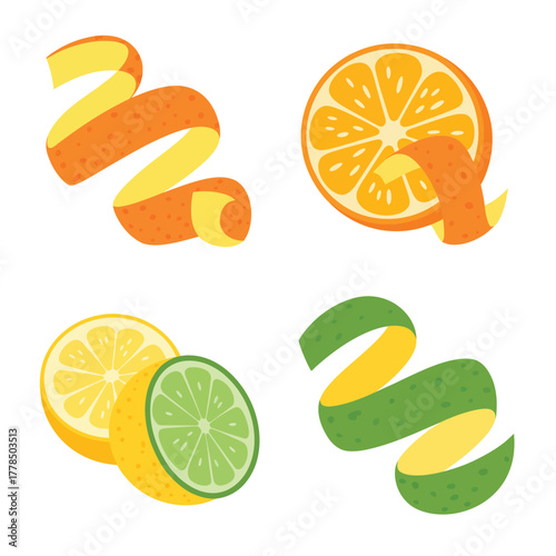 Set of citrus fruit peels and slices including orange and lime
