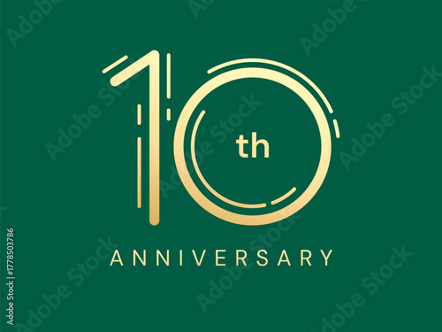 10th Anniversary luxury gold celebration with lines moving around the numbers logo typography vector design concept. Ten years anniversary gold template for celebration event, invitation, card, web