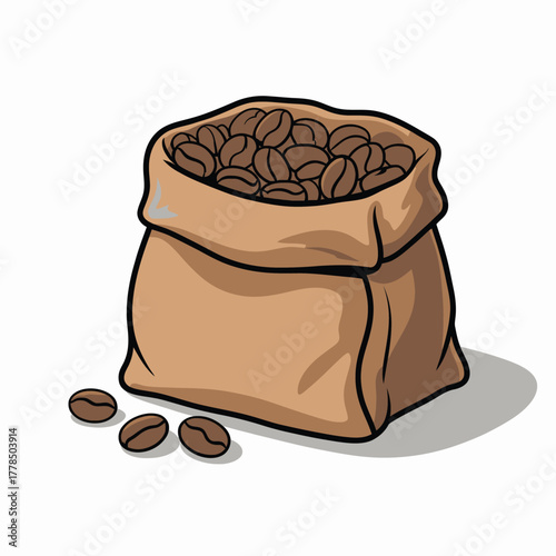 Brown paper bag filled with roasted coffee beans and scattered beans