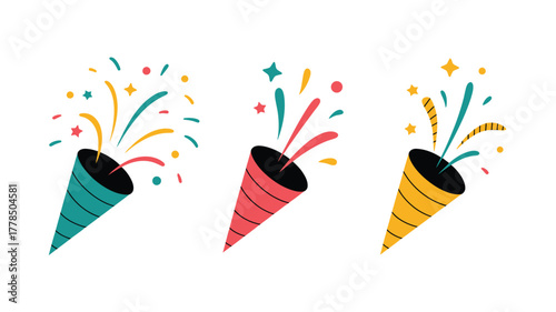 Three colorful party poppers exploding with confetti and streamers