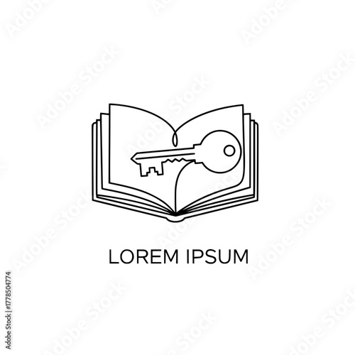 Minimalist line art of an open book and a key, symbolizing the unlocking of knowledge, wisdom, and understanding. Represents education, learning, and discovery