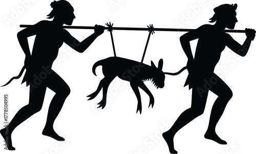 Ancient hunters carrying hunted animal silhouette, primitive people hunting scene vector illustration, prehistoric lifestyle concept, early human survival and hunting culture design