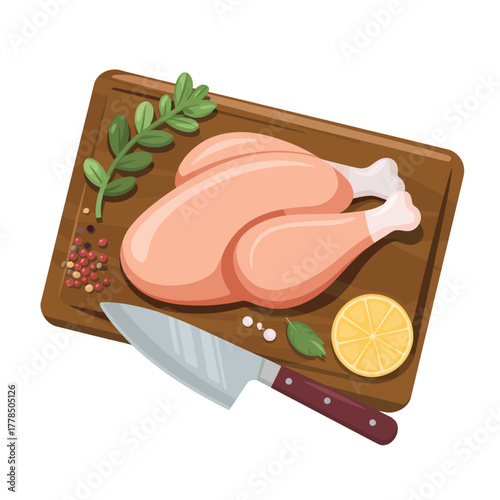 Raw chicken breast on cutting board with herbs and knife