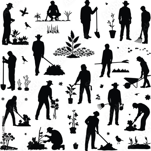 Silhouette set of gardeners working with plants, shovels, and wheelbarrows, gardening activities illustration showing planting, watering, and harvesting concept for agriculture design