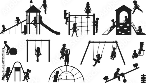Children playing on playground equipment silhouette, outdoor activity concept, kids having fun on slides, swings, and climbing frames vector illustration design