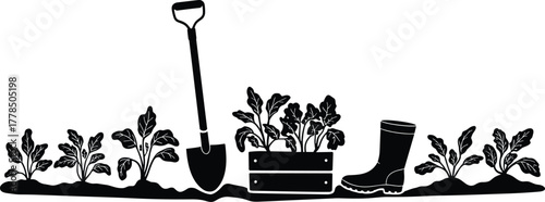 Gardening tools and plants vector illustration, shovel, boots, wooden box with seedlings, vegetable garden silhouette, spring planting and farming concept design