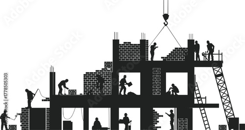 Construction workers building multi-story structure silhouette, teamwork on construction site, industrial development, architecture engineering concept, 