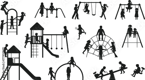 Children playing in playground silhouette set, kids on swings, slides, and climbing structures, outdoor fun vector illustration, childhood recreation and activity design
