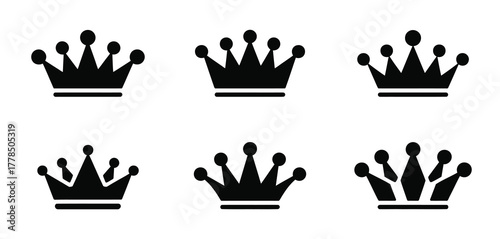 Set of six black crown icons on a white background